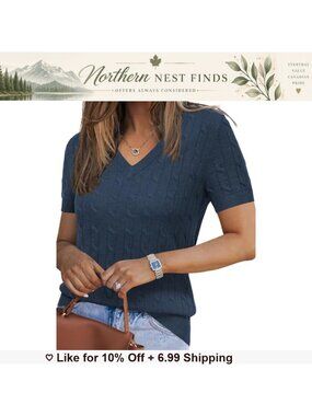 Wool Blend V Neck Short Sleeve Cable Knit Sweater